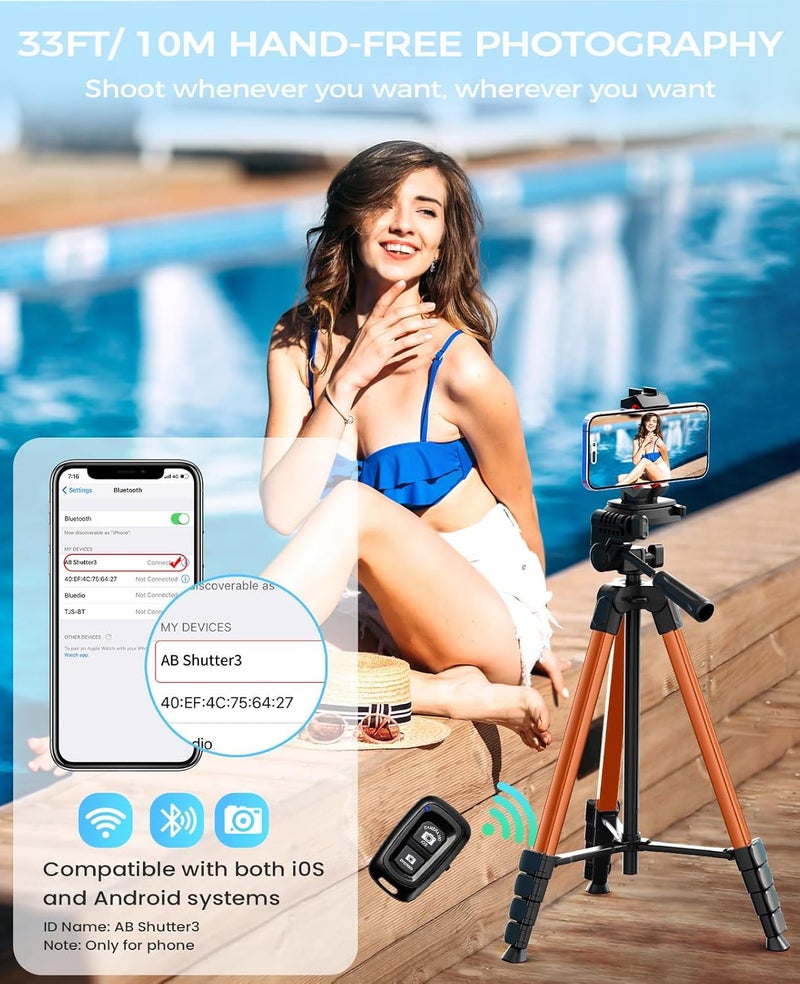 MACTREM 67" Tripod Stand for iPad Phone Tablet Camera with 2 in 1 Mount & Wireless Remote, Aluminum Extendable iPhone Tripod for Video Recording/Selfies/Live Stream/Vlogging (Orange) - Image 4